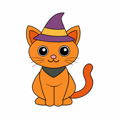 Adorable Halloween cat in a pumpkin with witch hat vector illustration featuring festive elements and a white background