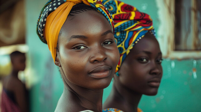 Two women wearing colorful head scarves stand in front of a green wall