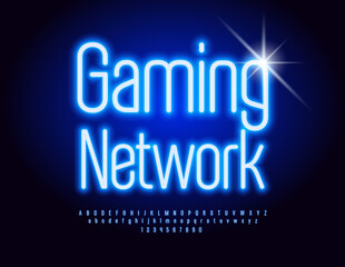 Vector Glowing poster Gaming Network. Trendy Glowing Font. Lighting set of Alphabet Letters and Numbers