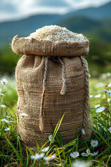 rice bag on a green grass with beautiful background generated by AI