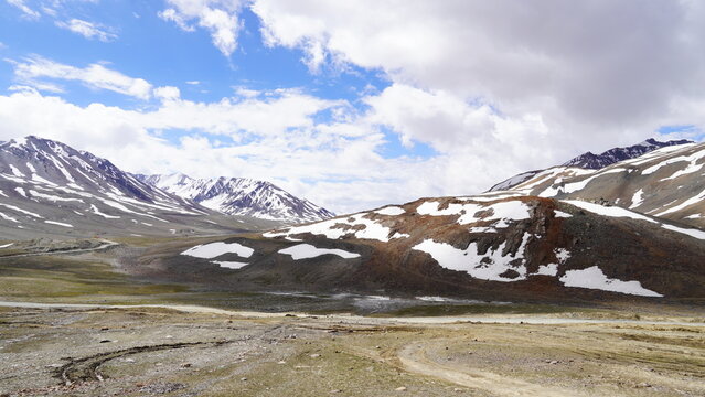 Landscape of keylong village snow mountains valley and sky view