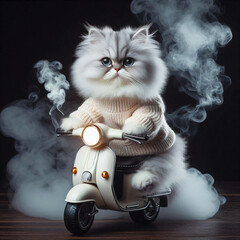 Fluffy cat wearing sweater riding motorcycle 