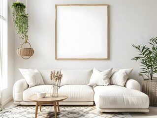 Minimalist Living Room with Couch and Coffee Table,Clean Interior with Frame Mockup 3D Rendering