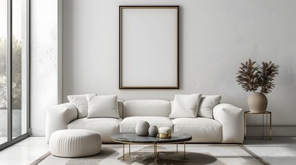 Minimalist Living Room with Couch and Coffee Table,Clean Minimalist Interior 3D Rendering