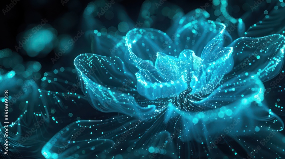 Poster bioluminescent cyan forms shine vividly in the dark, creating a mesmerizing 3d abstract background
