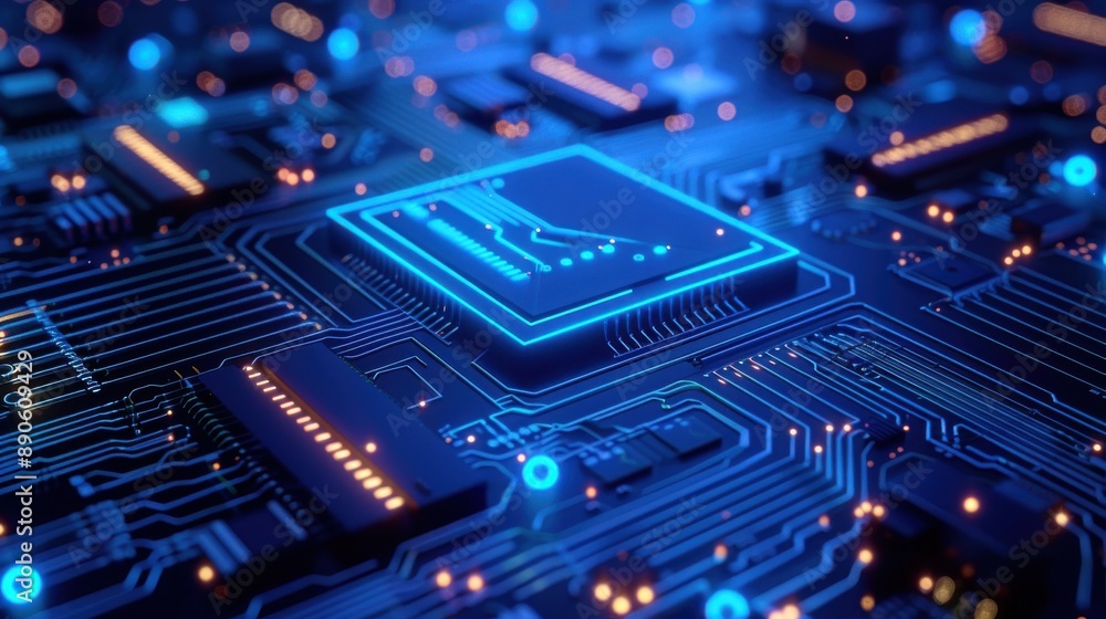 Wall mural abstract blue circuit board background with glowing lines and patterns, technology concept for digit