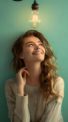 Obraz premium Concepto de idea chica joven con bombilla encima de la cabeza
