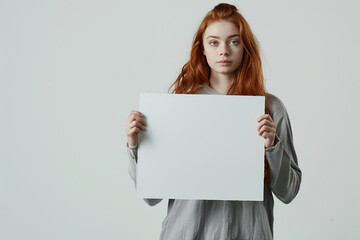 Naklejka premium Portrait of happy woman with white blank signboard