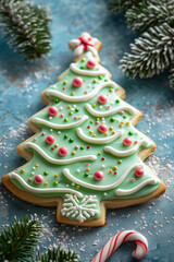 christmas tree cookie on blue background