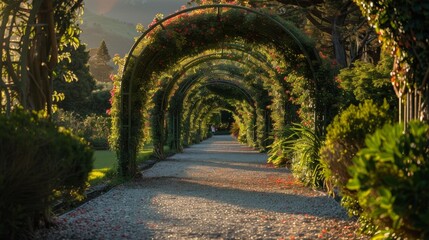 Walkway Through Archway Covered in Flowers.