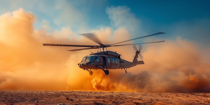 Helicopter Taking Off in a Desert Dust Cloud