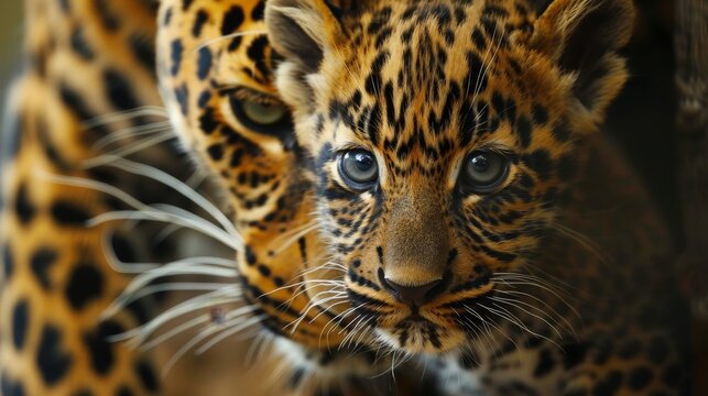 Close up portrait of a wild leopardess with blue eyes and black spots on a blurred background