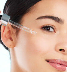 Beauty, eye and serum with woman in studio for antiaging cosmetics or dermatology. Face, skincare...