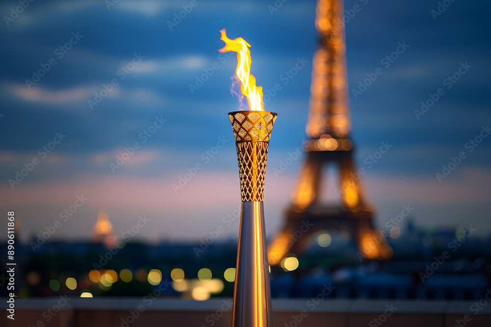 Canvas Prints symbol of Olympic Sports games 2024 flame torch on Paris Eiffel tower background