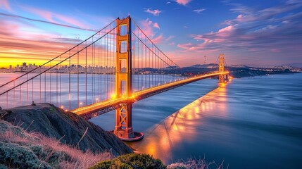 Obraz premium Golden Gate Bridge at Sunset with City Skyline.