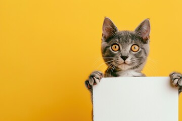 Grey cat with empty white banner for text