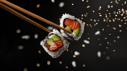 Close-up of delicious sushi rolls with salmon and avocado held by chopsticks against a dark background. Captured in a modern minimalist style, this image showcases the essence of Japanese cuisine. AI
