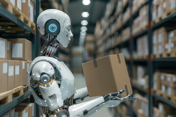 AI robot working in big warehouse