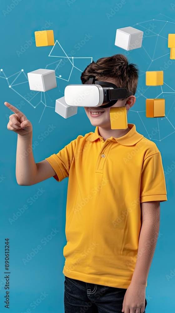 Poster a young boy wears a virtual reality headset and reaches out with his right hand to touch a digital c