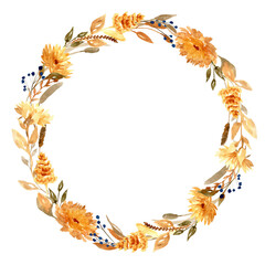 Watercolor hand drawn dried flowers wreath isolated on white background. Floral frame with autumn leaves and branches. Botanical illustration for greeting cards, invitations, design of stationery.