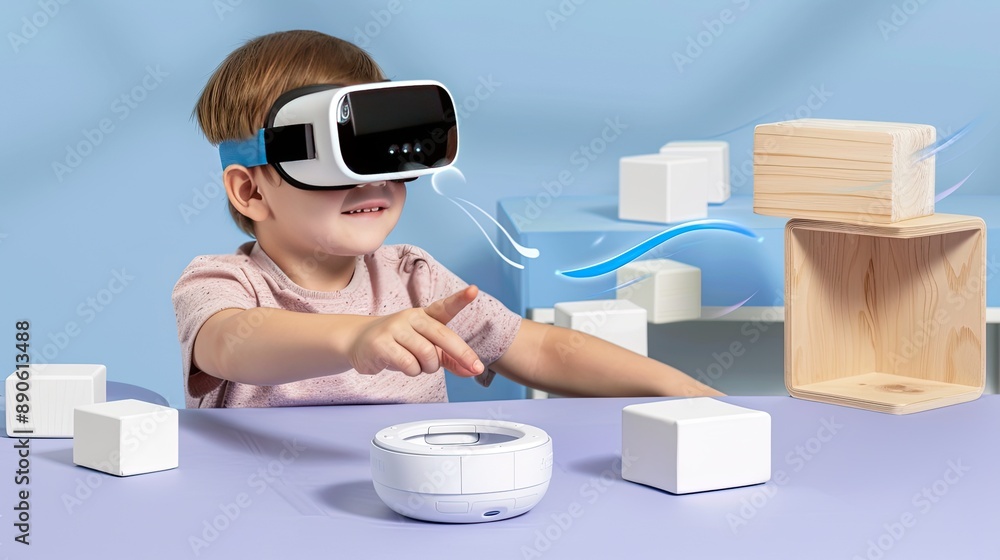 Poster a young boy wears a virtual reality headset and reaches out with his right hand to touch a digital c