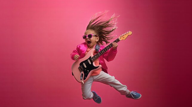 Young Child Rocking Out on Guitar Against Vibrant Pink Background
