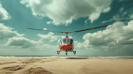 A red helicopter is flying over a sandy beach