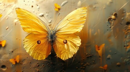 Close-up of a Golden Yellow Butterfly with Dark Background and Small Orange Flowers. Artistic style with high detail and bright colors. Suitable for nature, wildlife, and insect photography. AI