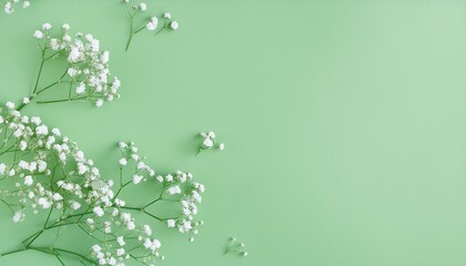 Fototapeta premium Romantic floral arrangement with white baby's breath flowers and a picture frame on a soft blue backdrop