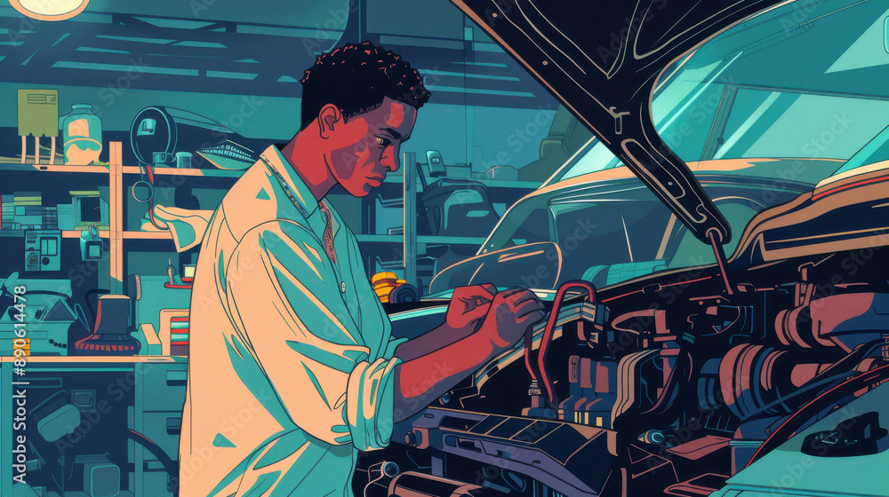 Poster a bipoc technician in a garage, utilizing sophisticated mechanical equipment to check a malfunctioni