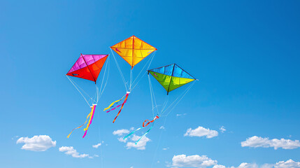 colorful kites flying in a clear blue sky