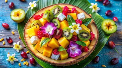 An overhead shot of a tropical fruit salad in a coconut bowl, featuring a mix of pineapple, mango, kiwi, dragon fruit, and pomegranate seeds, garnished with edible flowers, set against a vibrant blue.