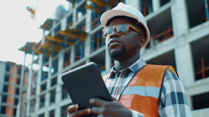 A Black engineer overseeing an urban construction site, using a tablet to coordinate and manage infrastructure development projects in civil engineering and architecture.