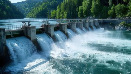 Dam on a river with water flowing over the wall