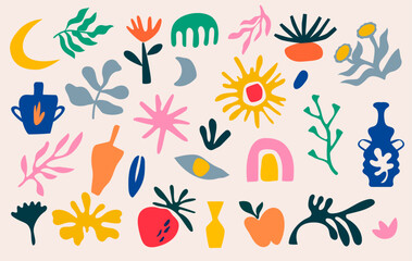 Abstract botanical shape. Floral organic. Leaf and flowers, Matisse element decorative set, coral pattern, floral nature. Background silhouette art, paint template collage geometric. Vector minimal