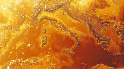 Italy on planet Earth highlighted in intense orange tones conveying a heat wave.