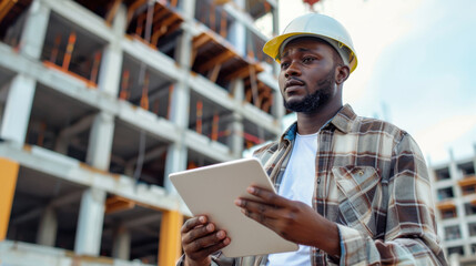 A Black engineer using a tablet at a construction site in the city, inspecting and coordinating the development and upkeep of infrastructure projects in civil engineering and architecture.