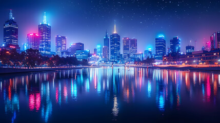 Fototapeta premium Skyline nocturno de una ciudad con rascacielos iluminados