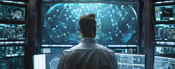 A cybersecurity expert, a British male, adept at advanced threat detection and establishing robust security protocols, surrounded by multiple computer screens displaying encrypted data.