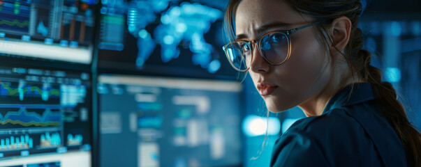 A proficient cybersecurity analyst, a German female, specializing in advanced threat detection and developing robust security protocols, focused on a high-tech workstation.