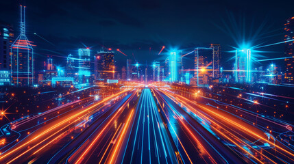 Obraz premium A digital urban landscape with neon blue and orange lines outlining the architecture and roadways. The vibrant colors and glowing lines create a dynamic, futuristic scene.