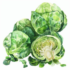 Fototapeta premium A watercolor painting of fresh Brussels sprouts, showing their detailed textures and vibrant green color, isolated on white background.