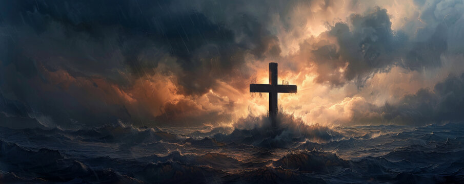 A powerful image of the Crucifixion, with an abstract cross against a stormy, darkened sky, and light rays breaking through, symbolizing redemption.