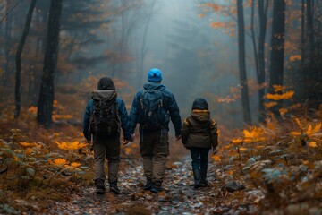 Family Hiking Through Misty Autumn Forest