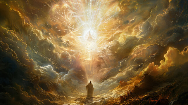 The prophecy of Isaiah, with Isaiah seeing a vision of God's throne, surrounded by seraphim and a radiant glory.