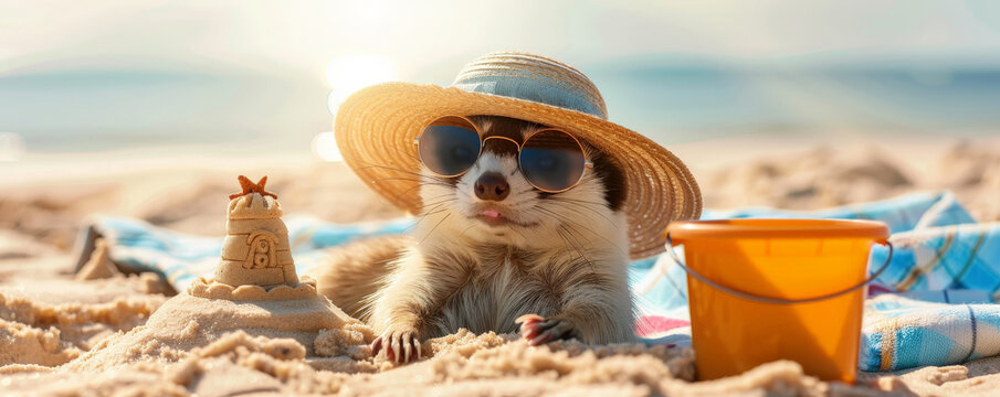 A contented ferret laying on a beach blanket, with a sun hat and oversized sunglasses, next to a sandcastle and a bucket.