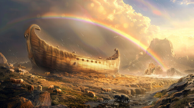 A majestic depiction of Noah's Ark resting on Mount Ararat, with a rainbow arching across the sky and pairs of animals emerging onto dry land.