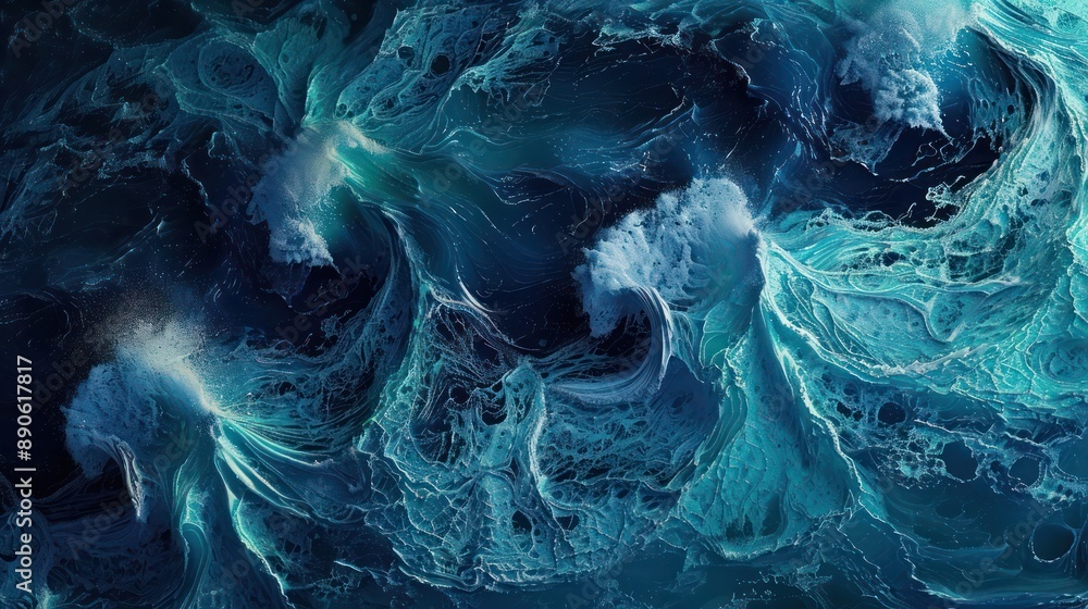 Poster an abstract ocean view with deep blue and turquoise tones, incorporating exaggerated waves and surre
