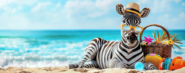 A joyful zebra lounging on the sandy shore, with a stylish sun hat and sunglasses, next to a picnic basket and beach toys.