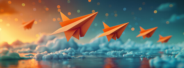 Background of the school notebook. 3d flying yellow paper aircraft. Children's animated cartoon planes in the air ,generative ai